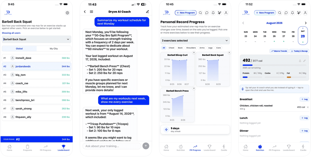 DryveFit leaderboard, AI coach, PR progress and nutrition screens