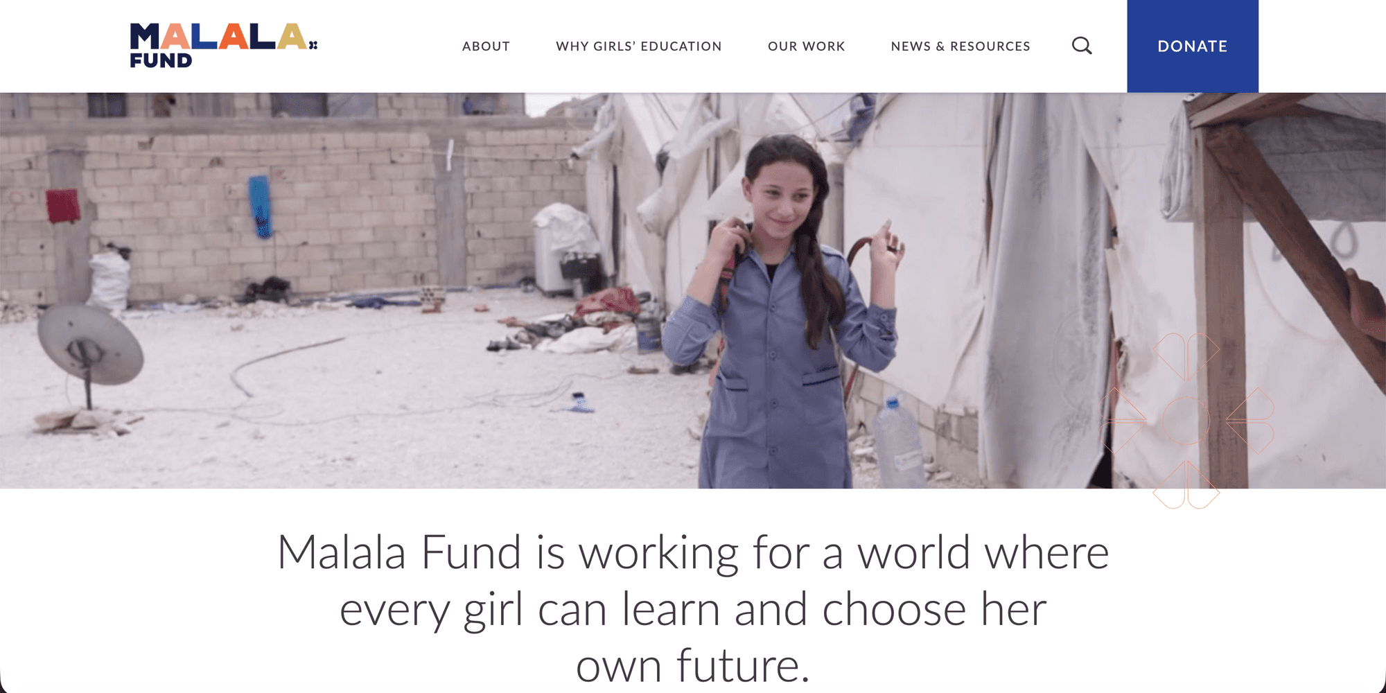 Malala Fund homepage: a girl walking to school