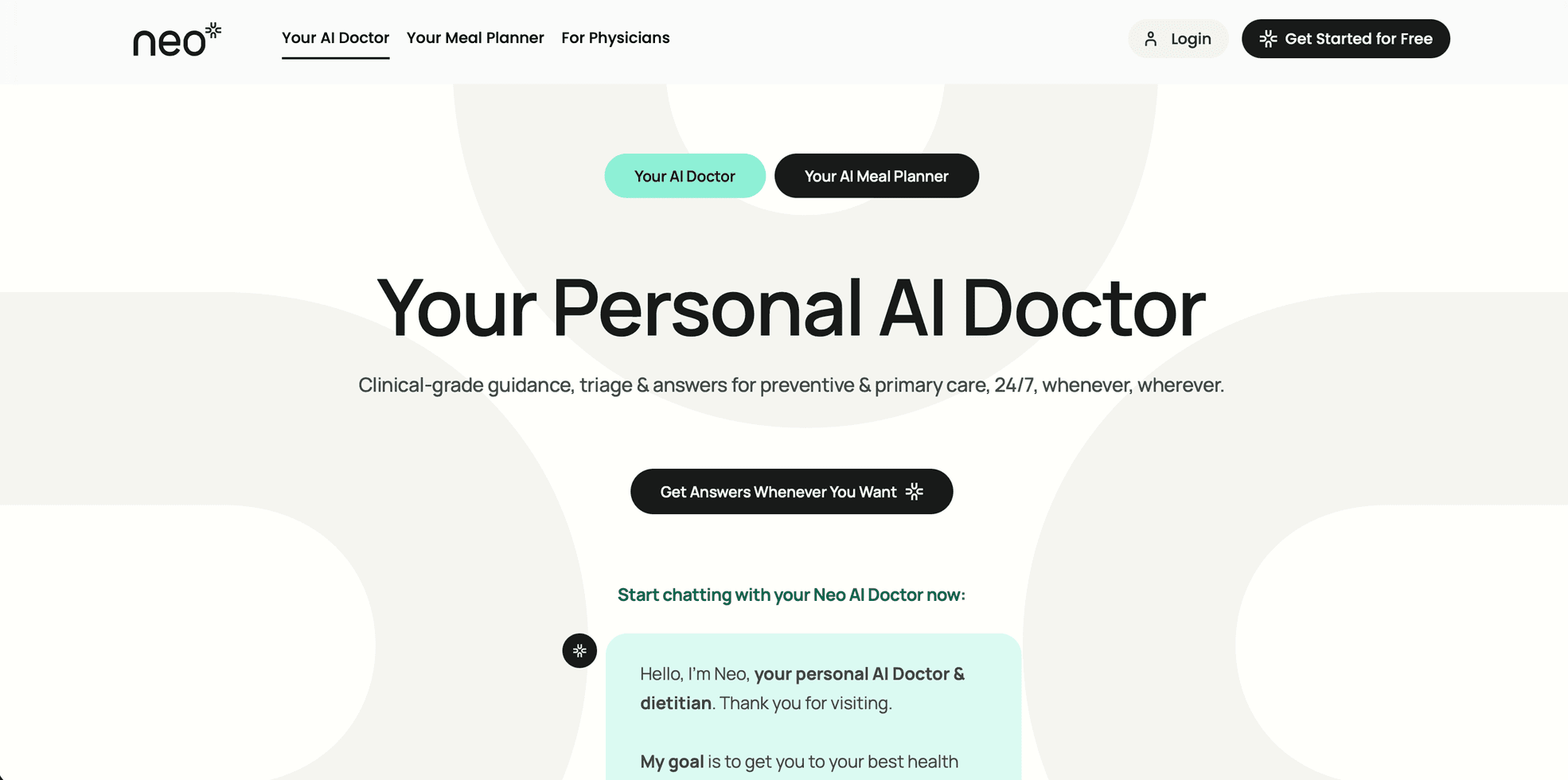 Neo Health homepage: Your Personal AI Doctor