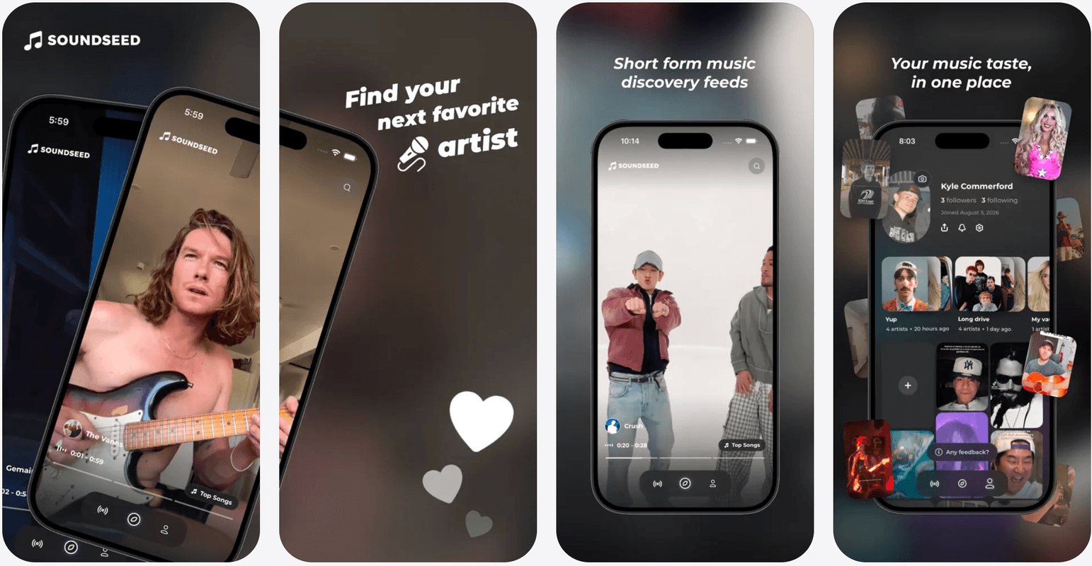 SoundSeed App Store screenshots showing discovery feeds and profiles